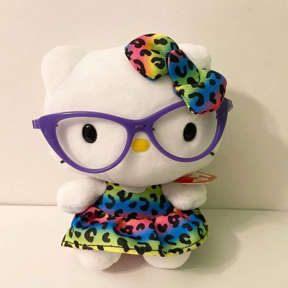 Hello Kitty Ty Beanie Babies Sanrio Plush 6 Inch Purple Glasses Rainbow Dress - Picture 1 of 14